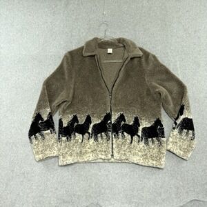VINTAGE Horse Fleece Size M 90s Cozy Western Wear AOP Earth Tone Brown Jacket